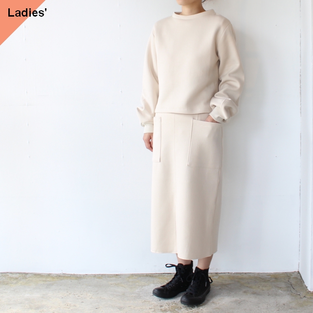 siora カードボードニットセットアップ Cardboard knit setup / Puff sleeve pullover & Midi skirt （エクリュベージュ）