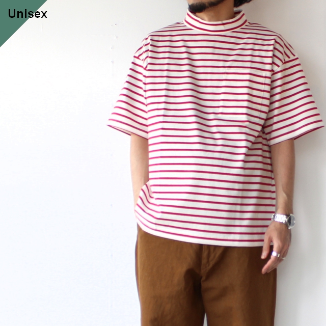 HARVESTY モックネックボーダーポケットT Mockneck S/S Tee Stripes 　A52102 （WHITE×RED）