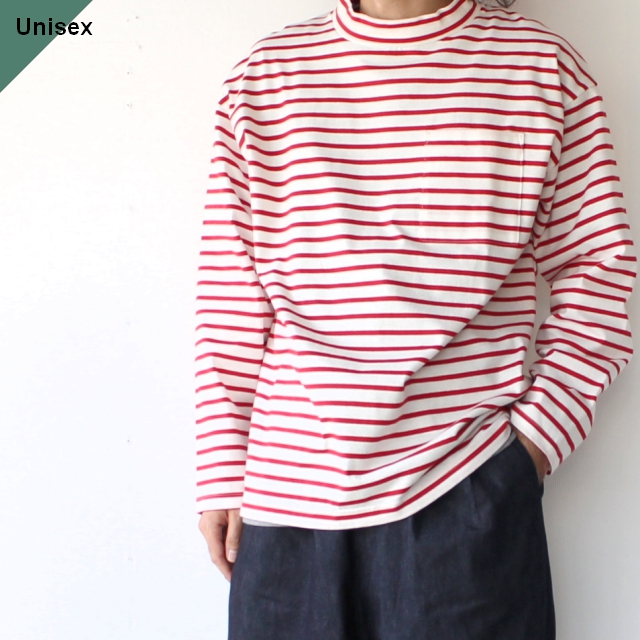 HARVESTY モックネックボーダーポケットTL/S　Mockneck L/S Tee Stripes （White × Red）