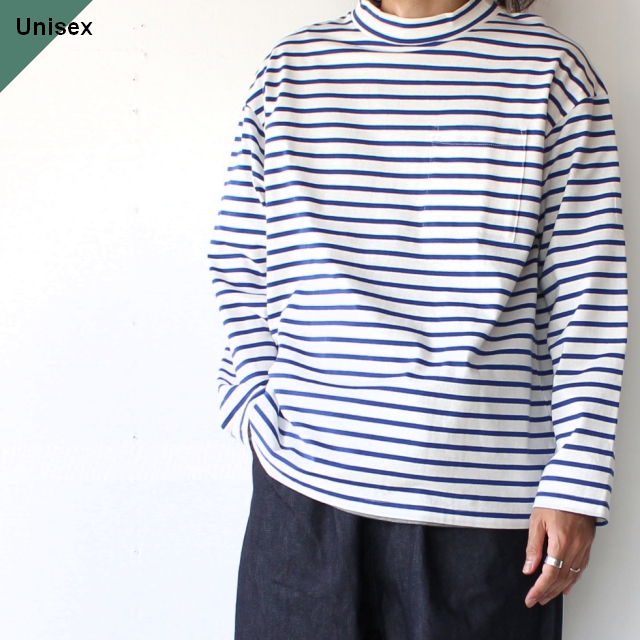 HARVESTY モックネックボーダーポケットTL/S　Mockneck L/S Tee Stripes （White × Blue）