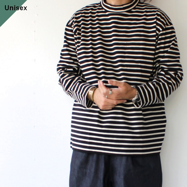 HARVESTY モックネックボーダーポケットTL/S　Mockneck L/S Tee Stripes （Black × Kinari）