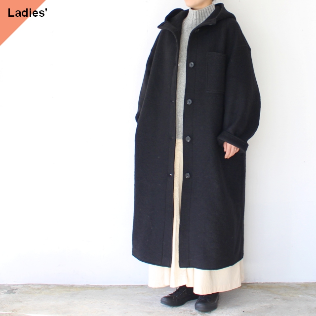 IKITSUKE ウールフードロングコート Wool Hooded Long Coat　（Black）