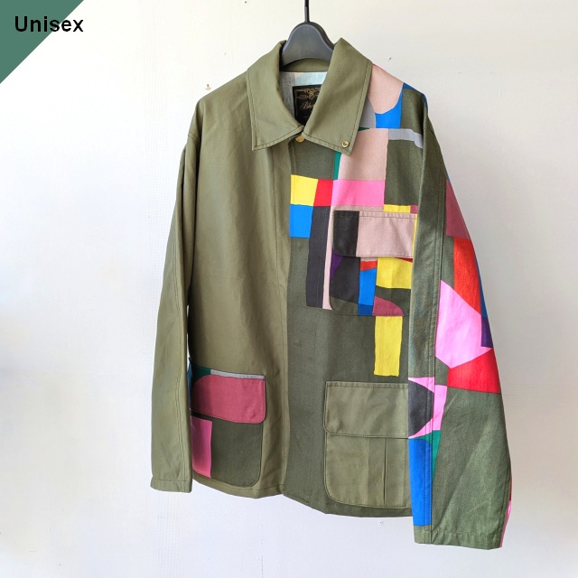 Bohemians パッチワークライクプリントワークジャケット Abstraction canvas × solid flap work jacket