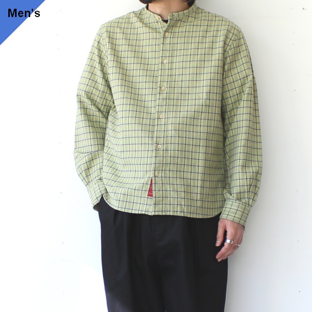 PREQUEL ネルチェックバンドカラーシャツ Check Stand-up Collar Shirt　（Green）