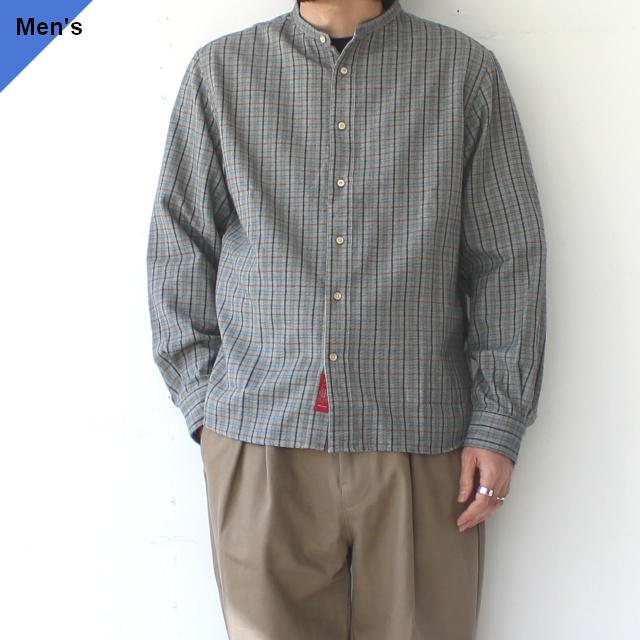 PREQUEL ネルチェックバンドカラーシャツ Check Stand-up Collar Shirt　（Gray）