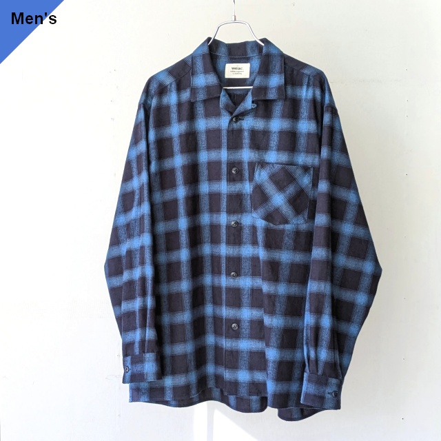 weac. インディゴ染めフランネルオープンカラーシャツ RAINY BLUE (Navy Check)