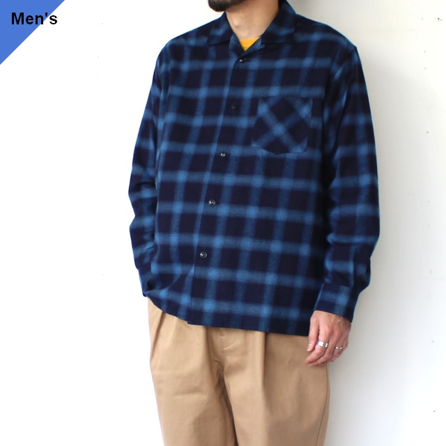 weac. インディゴ染めフランネルオープンカラーシャツ RAINY BLUE　（Navy Check）