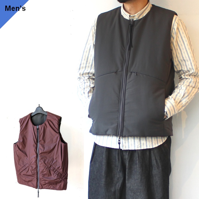 melple リバーシブル中綿ノーカラーベスト Ventura Vest　（Charcoal × Burgundy）