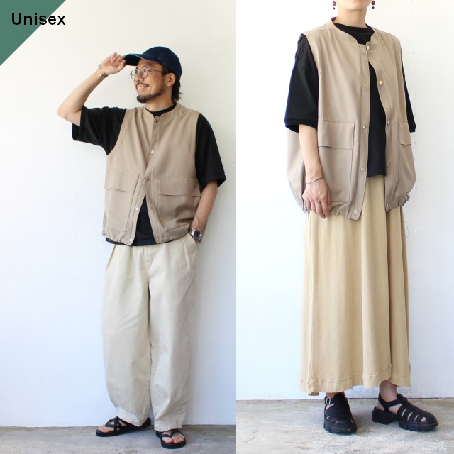 amne ギャバジンカラーレスベスト GABARDINE useful vest (Beige)