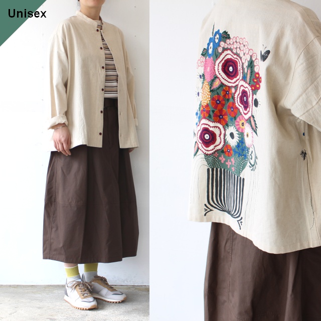 Bohemians 綿麻ブーケプリントスタンドカラーシャツ / C/L Bouquet Pop China-collar shirt