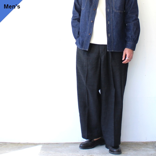HAVERSACK リネンウールヘリンボーンワイドタックトラウザー Linen Wool Herringbone Wide Trousers (Charcoal Gray)