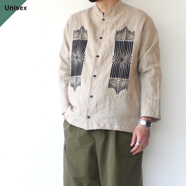 Bohemians フレンチリネンポルト刺繍スタンドカラーシャツ8分袖 / French linen Porte EMB Stand-collar Shirt 8/S