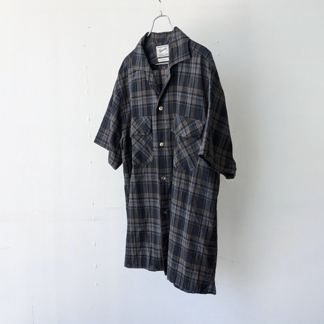 Soundman コーティングマドラスチェック開襟シャツ Shark-Ⅱ (Navy×Brown) - 画像 (2)