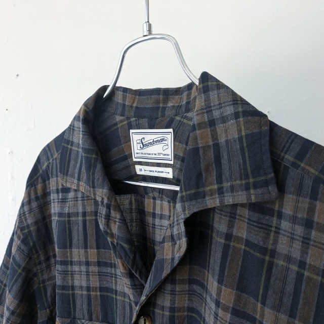 Soundman コーティングマドラスチェック開襟シャツ Shark-Ⅱ (Navy×Brown) - 画像 (4)