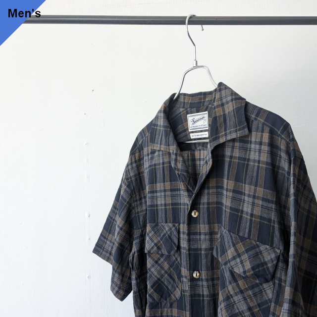 Soundman コーティングマドラスチェック開襟シャツ Shark-Ⅱ　（Navy×Brown）