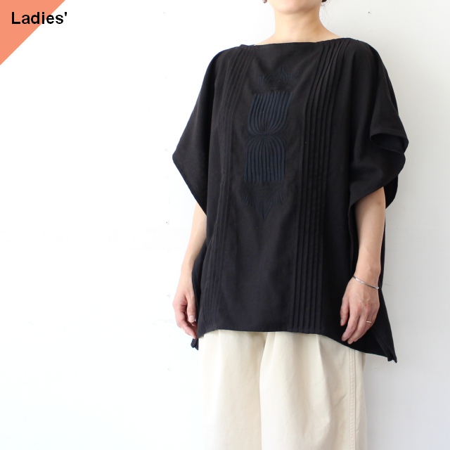 Bohemians 綿麻バックサテン-ポルト刺繍スクエアシャツ / Cotton-Linen Porte EMB Square Shirt (Black)