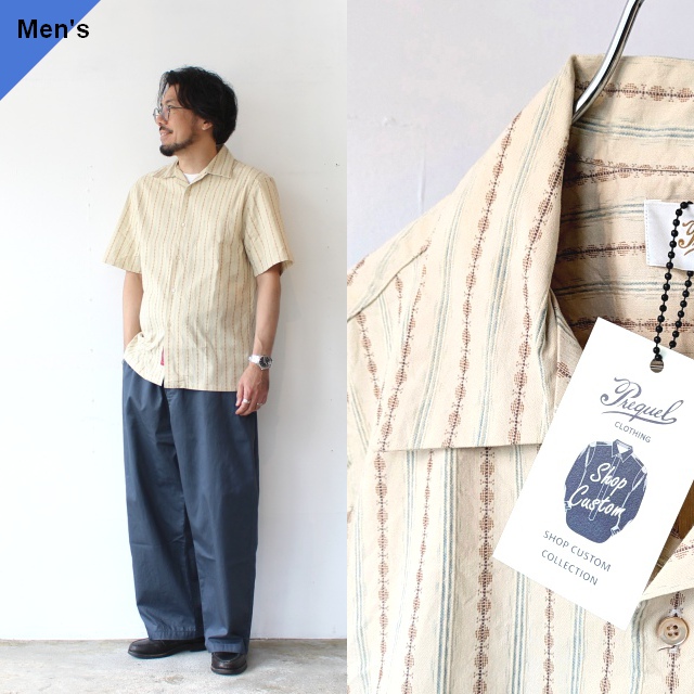 PREQUEL ストライプオープンカラーシャツ Short Sleeves Open Collar Shirt / SHOP Custom Collection (Beige)